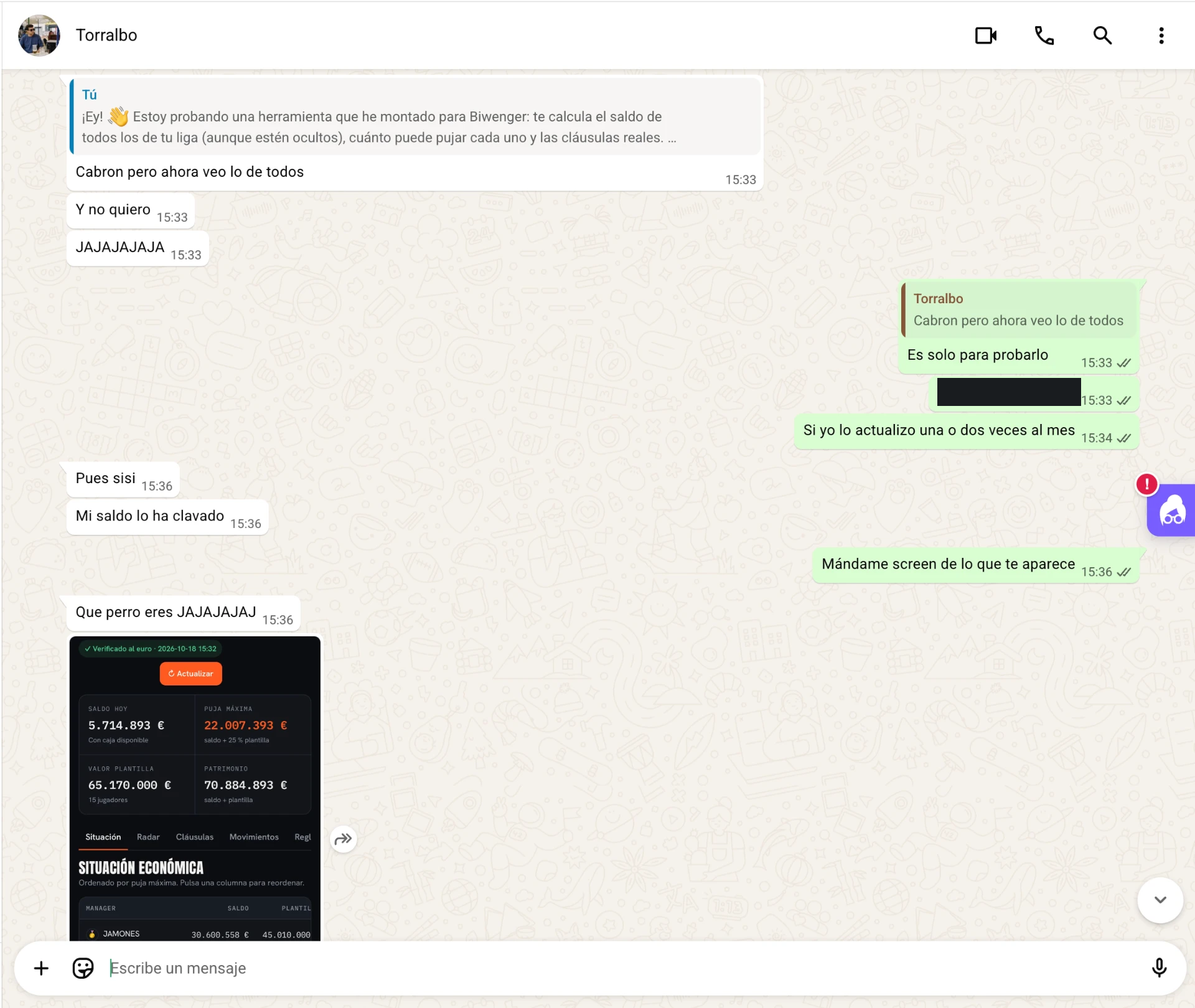 Conversación de WhatsApp: un jugador confirma «Mi saldo lo ha clavado» y comparte su panel de Fantasea. Mensaje censurado.