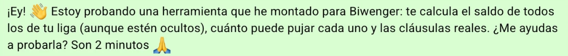 Mensaje de invitación a probar el cálculo de saldos, pujas y cláusulas de Biwenger